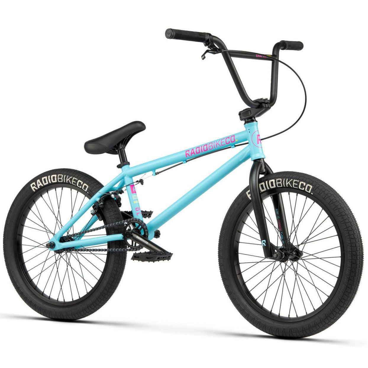 The Radio Evol 20 Inch Bike is an excellent choice for beginner riders, featuring a light blue frame and black handlebars, tires, and seat. This high-quality BMX bike displays the "RADIOBIKECO" brand name prominently on the frame and tires.