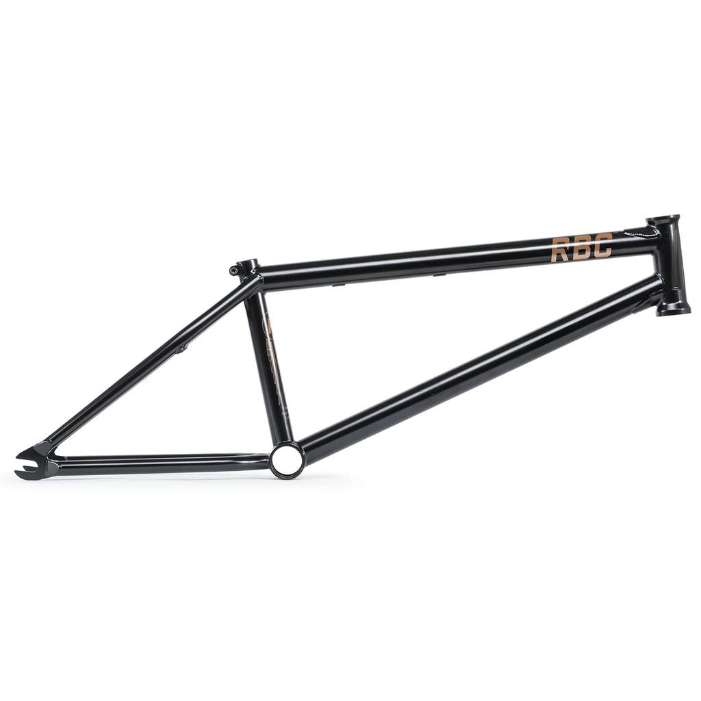 The Radio Nemesis Frame is a black chromo BMX frame with an angular design and "RBC" in orange on the top tube near the head tube.