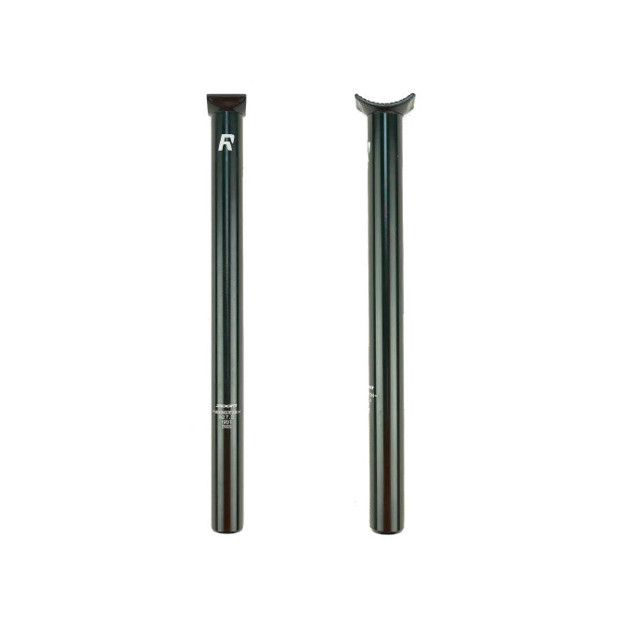 Two Radio Pivotal Seat Posts 25.4mm in black stand upright against a white background, showcasing their durable 6061-T6 alloy construction—one faces forward, the other reveals its curved top.