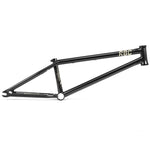 The Radio Saxon Frame is a black BMX frame with "RBC" on the top tube and minimal gold graphics, designed with technical skatepark geometry for a park-focused ride, shown on a white background.