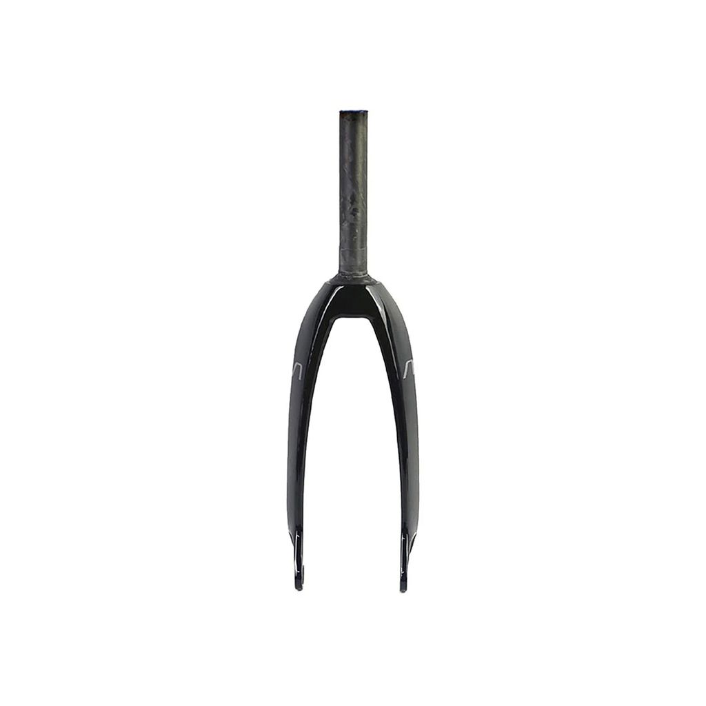 The Radio Solar Carbon Forks / Expert / 1-1/8 Inch / 20mm features sleek black carbon fibre with a straight steerer tube and curved legs, utilizing monocoque construction, set against a pristine white background.