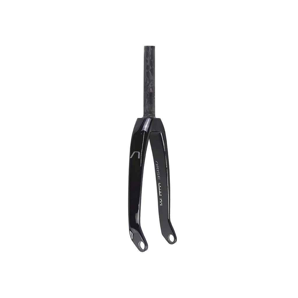 The Radio Solar Carbon Forks feature a monocoque carbon fiber construction with a tapered 1-1/8 inch steerer tube, black finish, and visible branding on one leg.