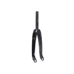 The Radio Solar Carbon Forks feature a monocoque carbon fiber construction with a tapered 1-1/8 inch steerer tube, black finish, and visible branding on one leg.