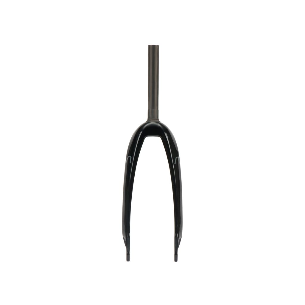 The Radio Solar Carbon Forks for juniors feature a sleek black and silver design, crafted from lightweight carbon fiber with a 1-inch straight steerer tube and 10mm fork blades.