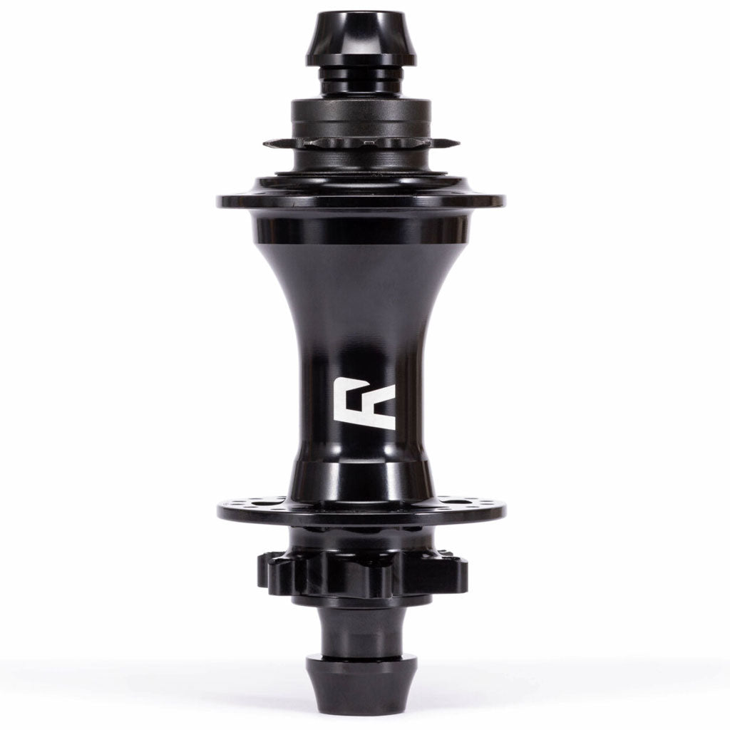 The Radio Sonar Rear MTB Hub is a black bicycle hub featuring a logo on a white background, multiple spokes and connectors, and an innovative Hybrid Freecoaster system for seamless riding.