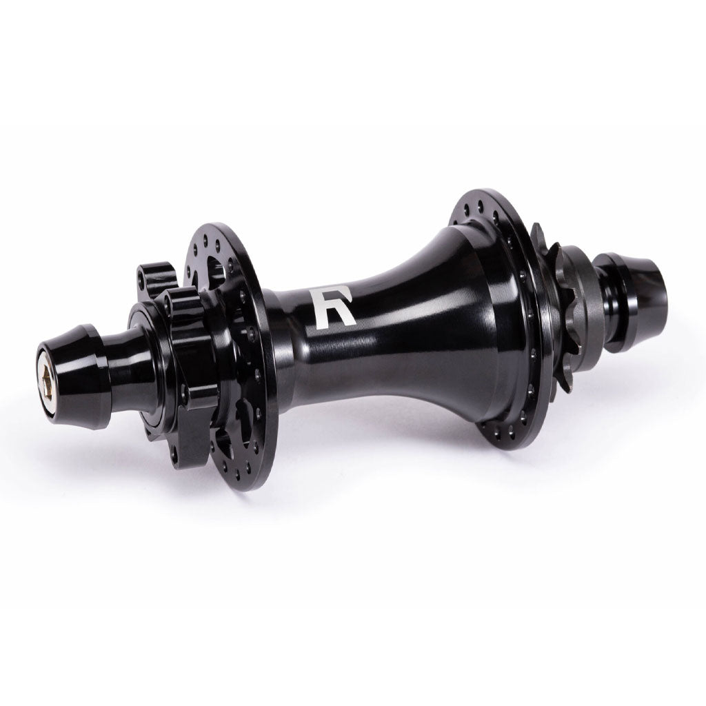 The Radio Sonar Rear MTB Hub is a black rear hub with multiple spoke holes, featuring a prominent logo and the MagnaDrive magnetic pawl retention system for enhanced performance.