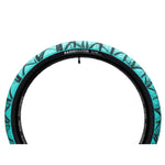 A turquoise Radio Stratus 26 Inch Tyre with a street/skatepark tread and black surface features a leaf pattern on the sidewall. The "RadioBikeCo." brand logo provides reliable puncture protection.