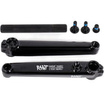 A black BMX crankset featuring the "Rant Bangin Cranks" with two crank arms, an axle, and three bolts is arranged on a white background.