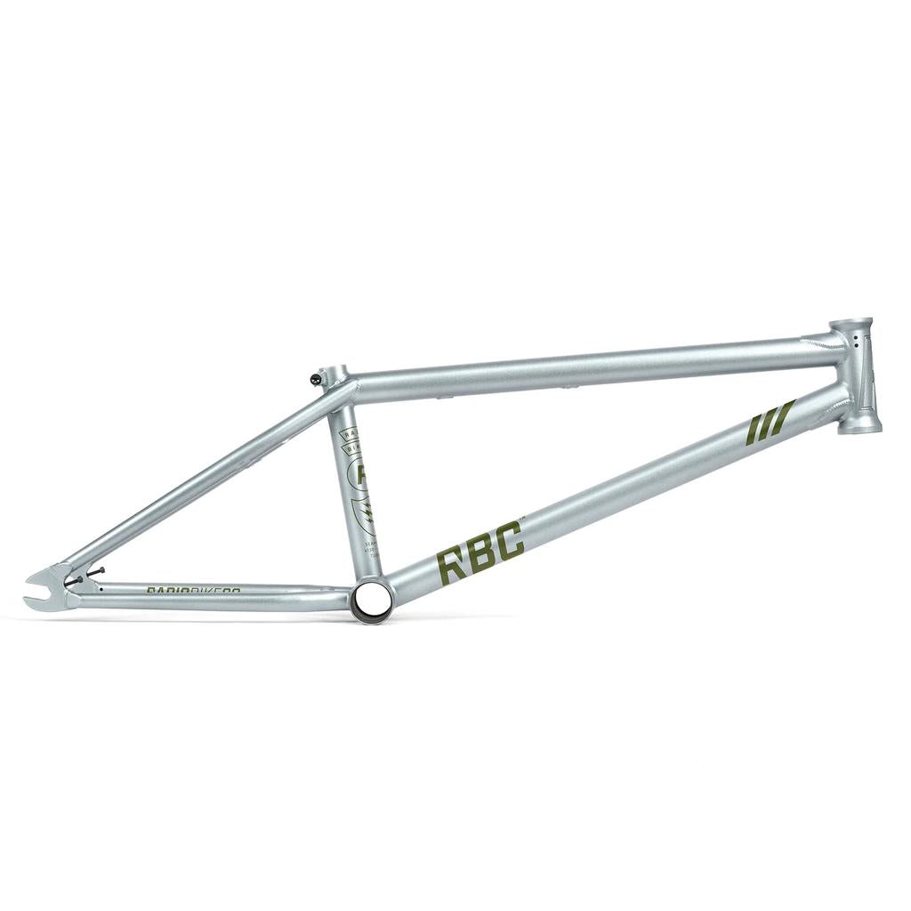The Rant Squad Frame is a lightweight silver BMX frame with green decals and all-rounder geometry, shown from the side on a white background.