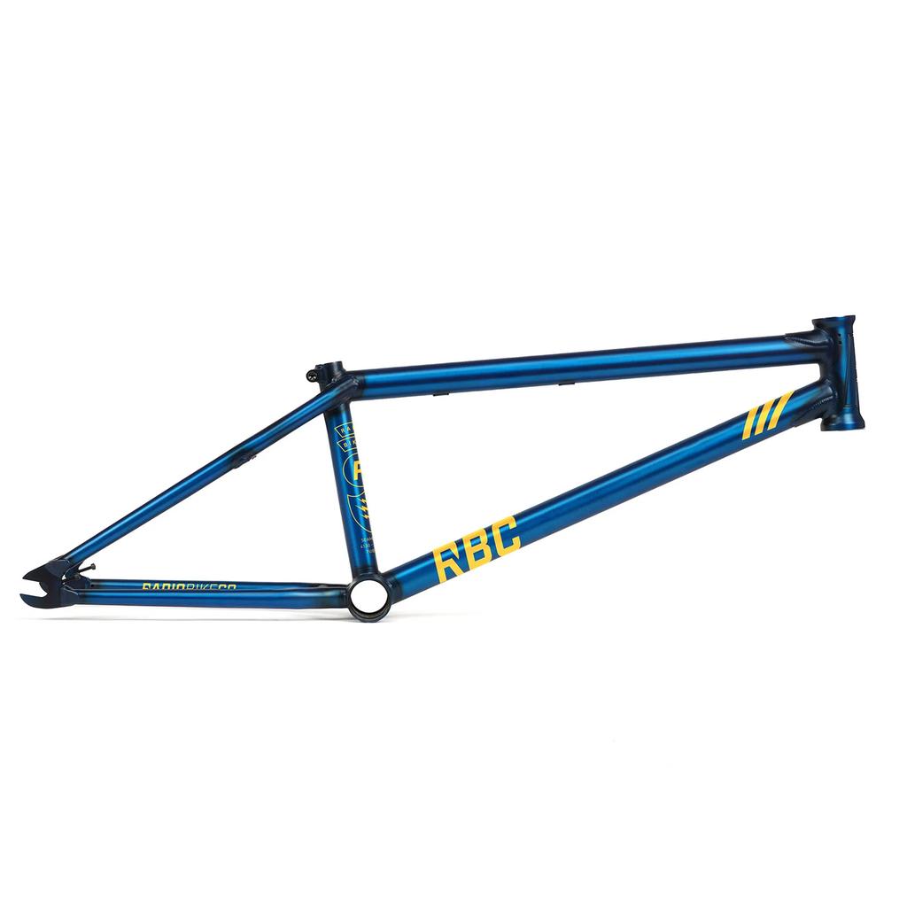 The Rant Squad Frame is a blue BMX frame with lightweight, all-rounder geometry, yellow and white text and graphics, shown from the side against a white background.