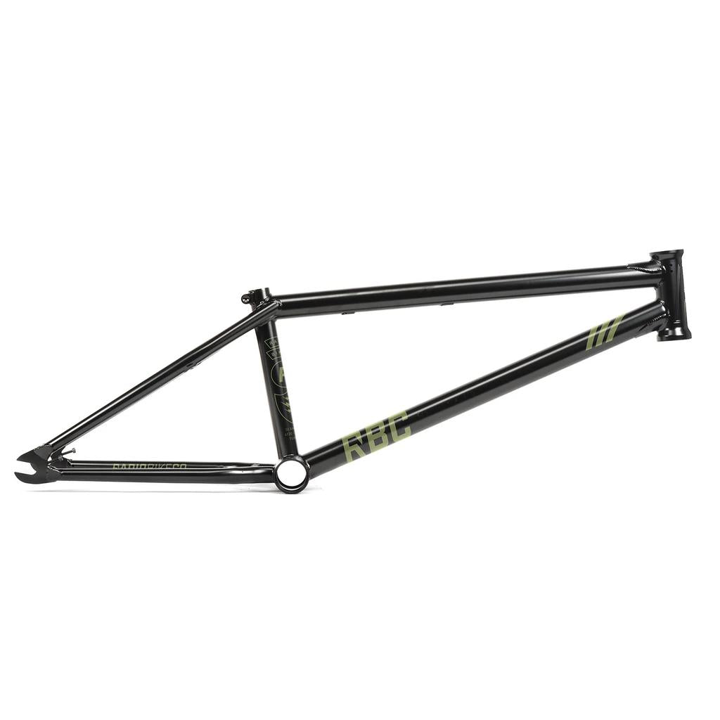 The Rant Squad Frame features a lightweight matte black BMX design with green graphics and all-rounder geometry, shown on a white background.