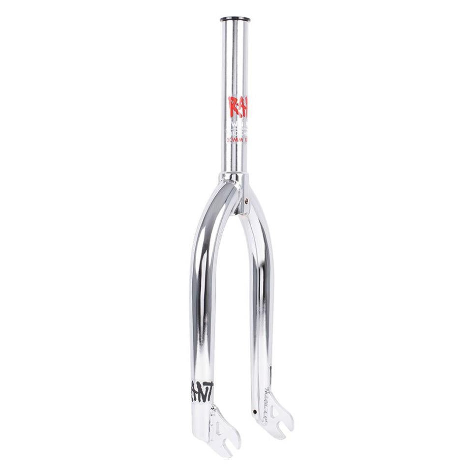 The Rant Twin Peaks 18 Inch Fork is expertly crafted from durable 4130 Chromoly with decals, featuring a chrome finish, threaded steerer tube, and dropout slots for easy wheel attachment.