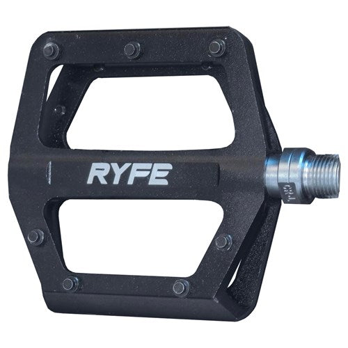 The Ryfe Rapscallion Sealed Pedals are black bicycle pedals with the brand name "RYFE" displayed in white letters. These pedals feature a flat, rectangular design with multiple grip pins and an alloy platform measuring 93mm x 96mm. They also include a sealed bearing for smooth performance.