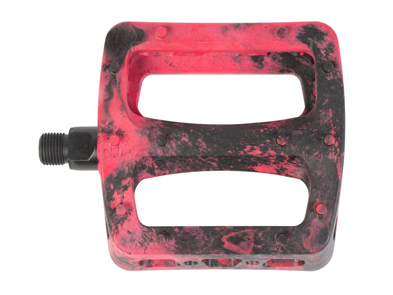 Odyssey Twisted PC Pro Pedals in a red and black marbled finish feature two large openings, a high-strength nylon composite body, and a durable chromoly spindle for secure attachment.