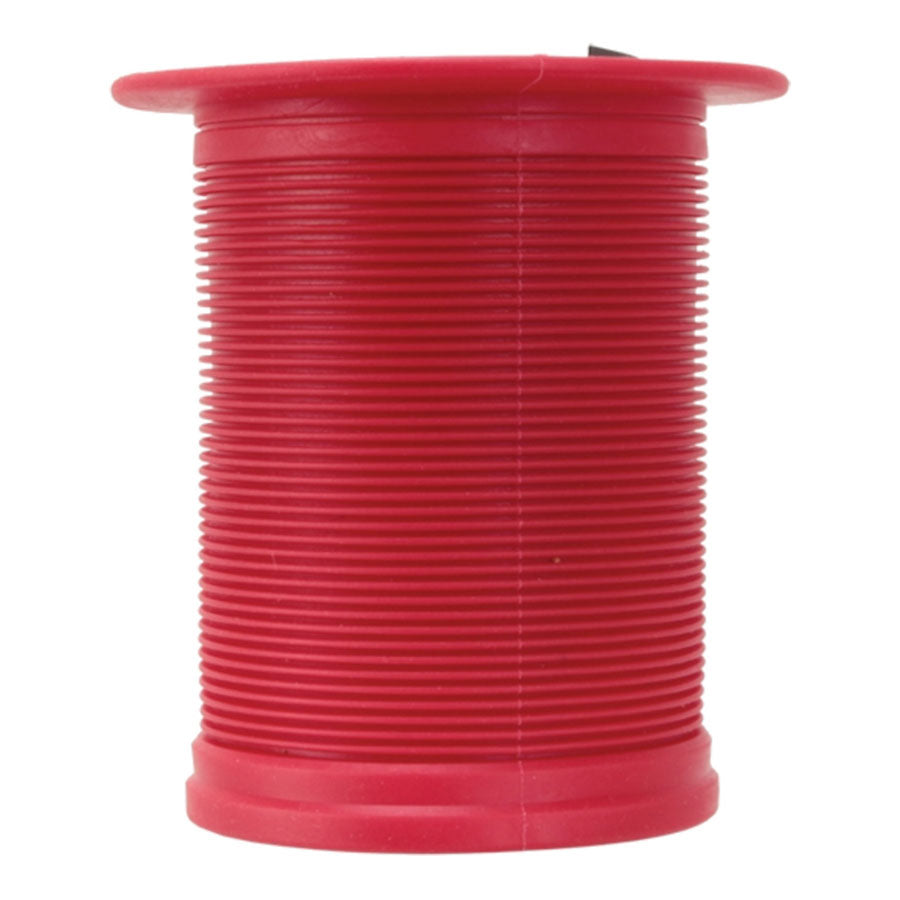 A red plastic Odi Long Neck Stubby Cooler with a rubber grip on a white background.