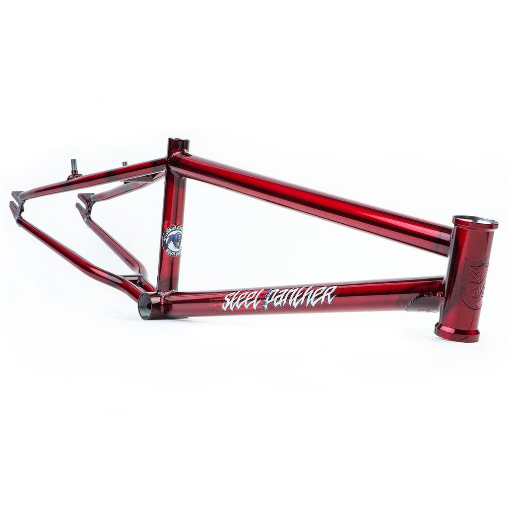 A red S&M Steel Panther frame with chain clearance on a white background.