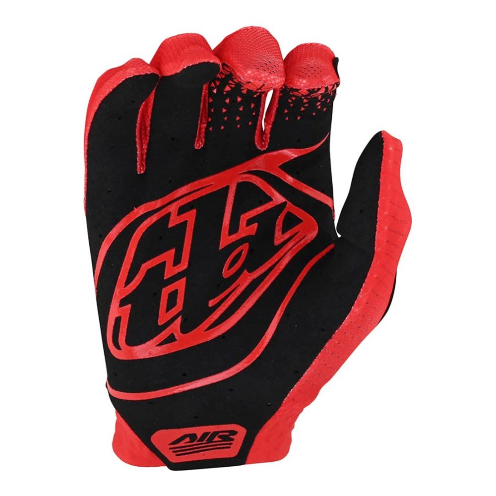 TLD Air Glove Red with a single-layer perforated palm, featuring a prominent logo on the back.