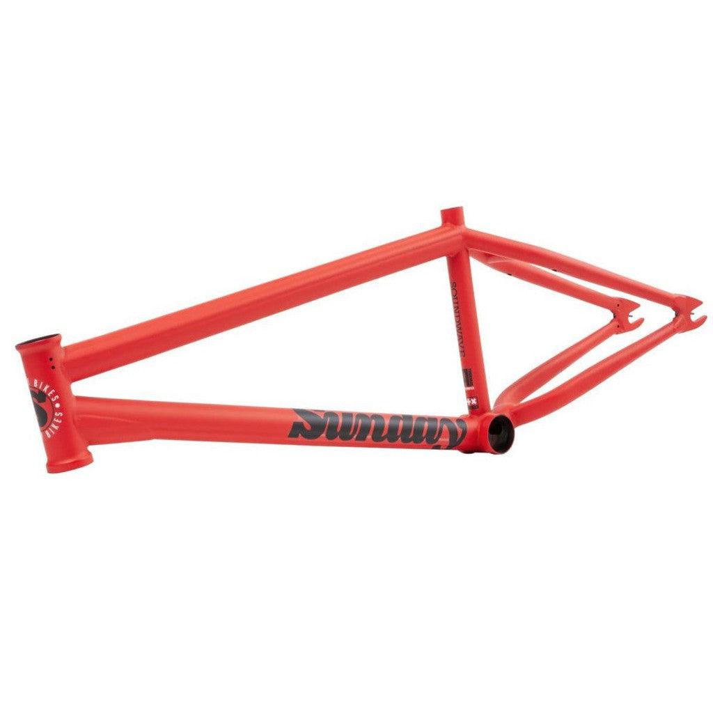 A lightweight red Sunday Soundwave V3 BMX frame on a white background.