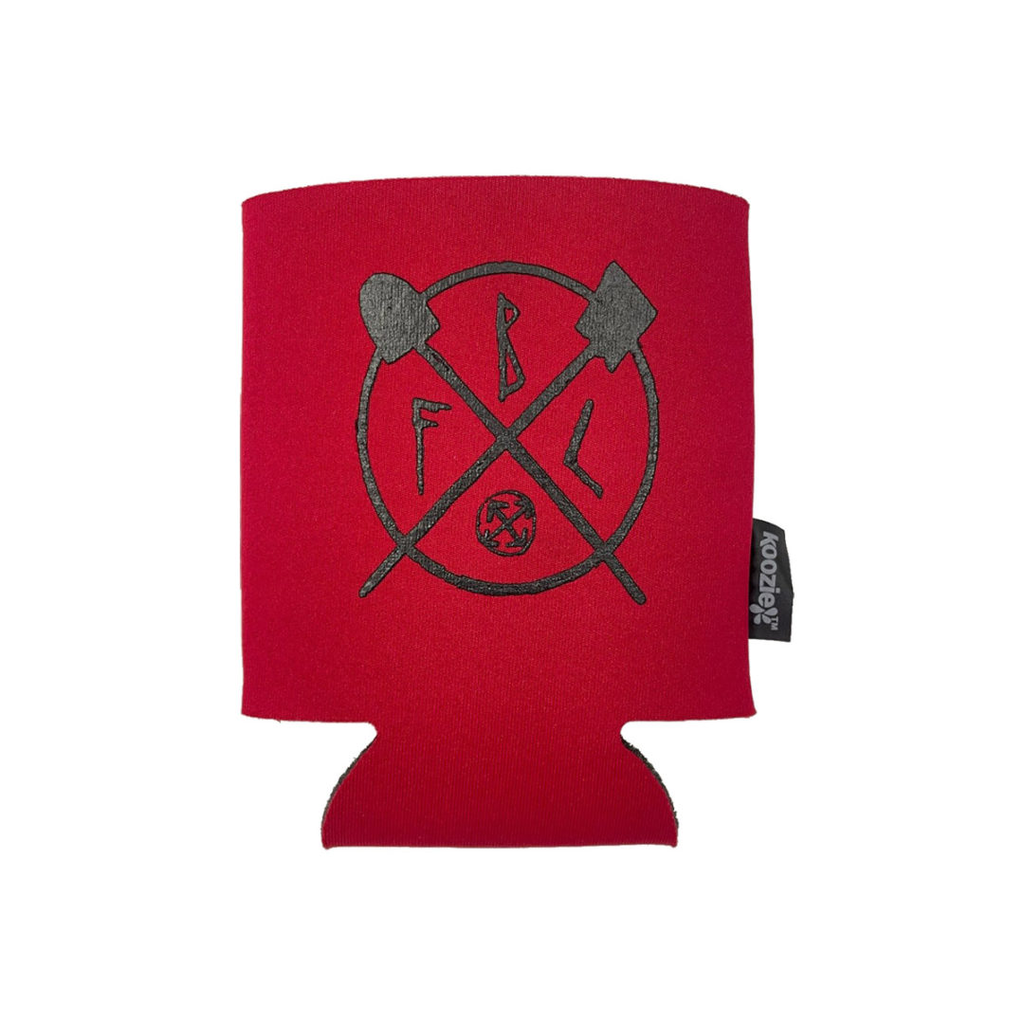 A red Fit Bike Co Shovels Drink Koozie with a cross and arrow on it, perfect for keeping drinks cool.