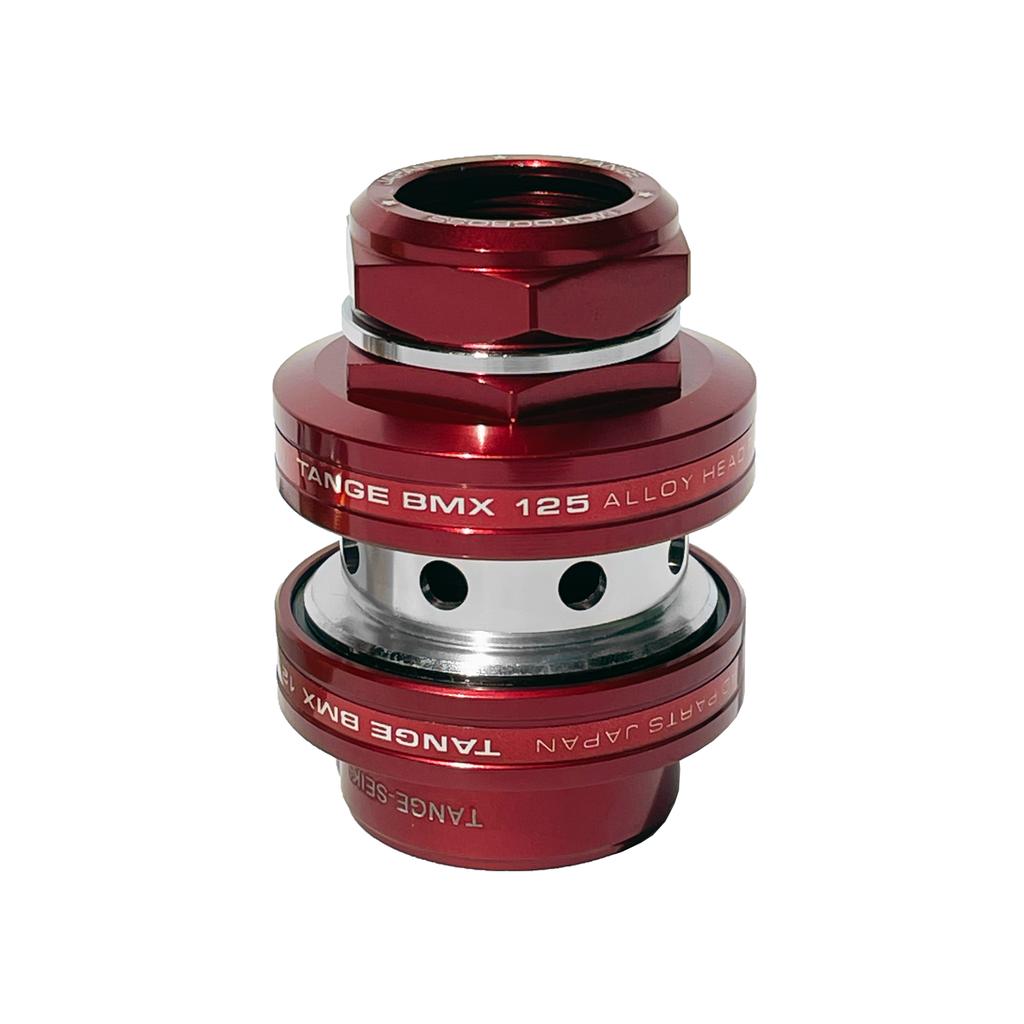 Tange MX-125 Anodised Threaded Headset in red with silver accents, labeled “Tange BMX” and “Japan,” features an anodised finish and is designed in the old school size for bicycle steering systems.