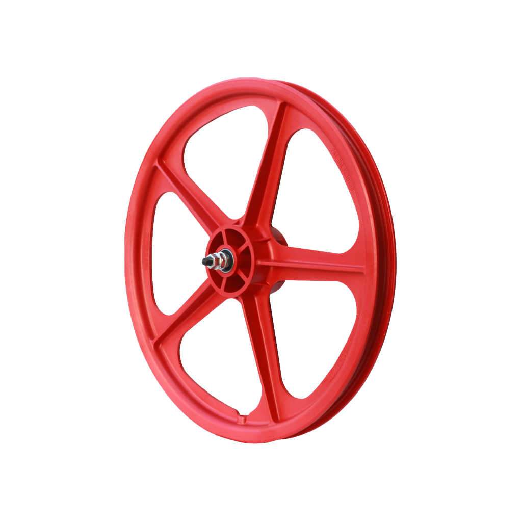 A red bicycle wheel on a white background featuring Skyway Tuff 5 Spoke Front Wheel.