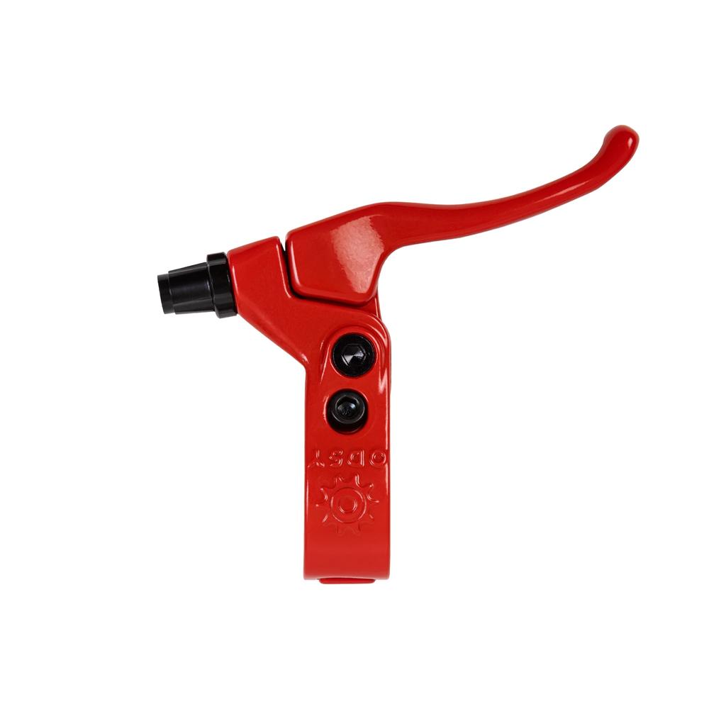 The Odyssey Springfield Brake Lever in red features two black adjustment screws and is shown against a white background. Easy to set up and affordable, it's ideal for riders wanting both style and simplicity.