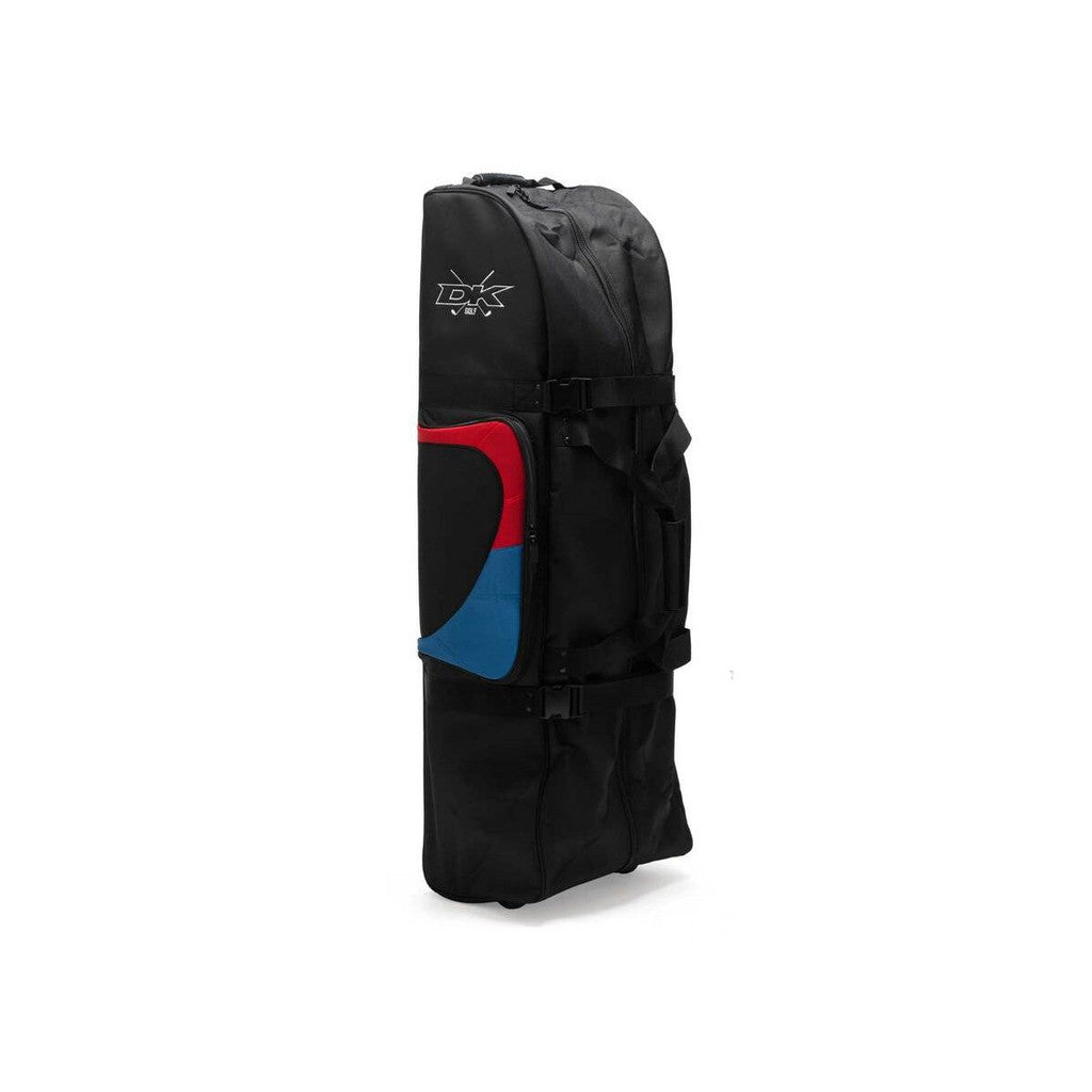 A DK Golf Flight Bag with a red, blue, and black design.