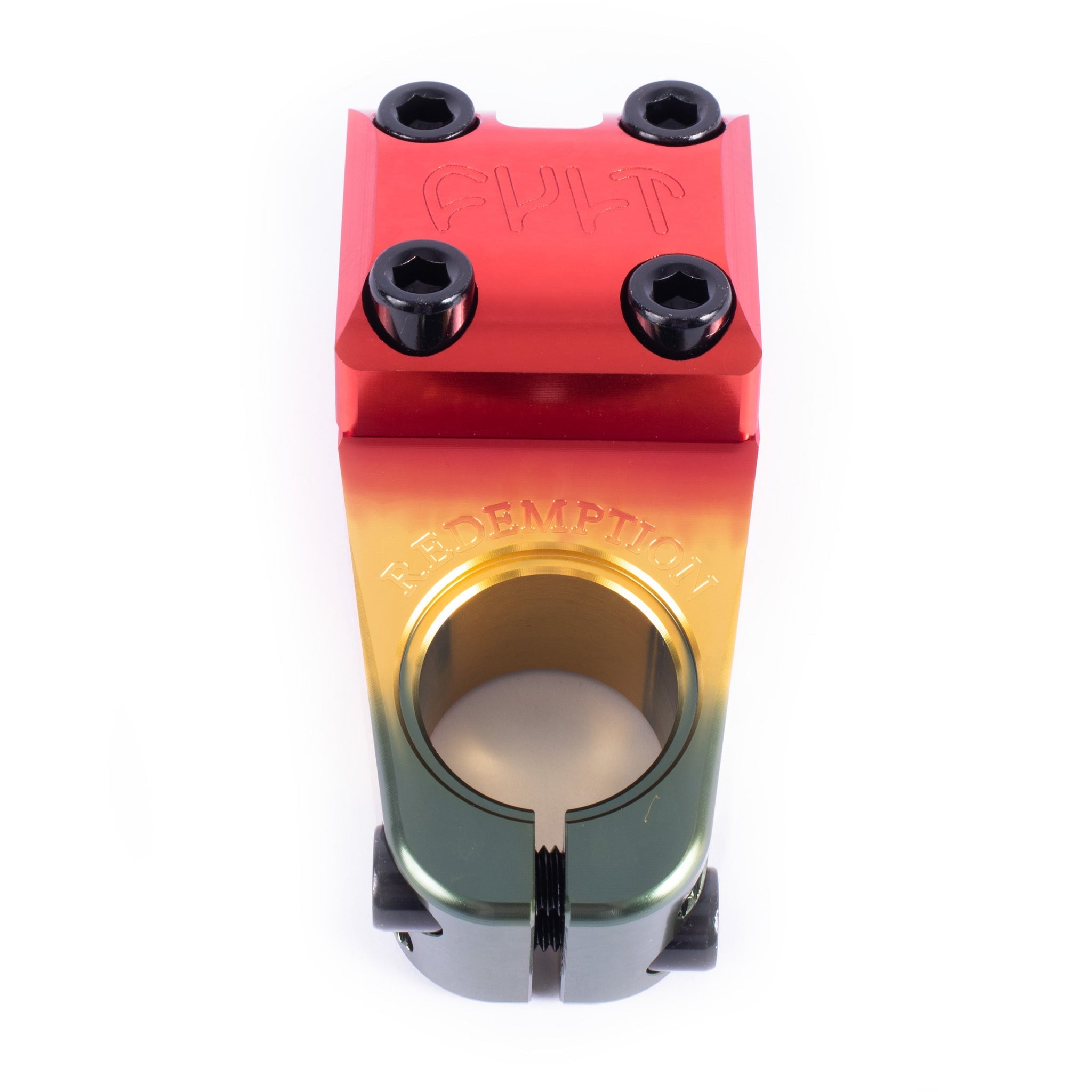 The Cult Redemption Stem is a BMX topload stem with a red-yellow-green gradient finish, black bolts, and "CULT" and "REDEMPTION" engraved on the surface.