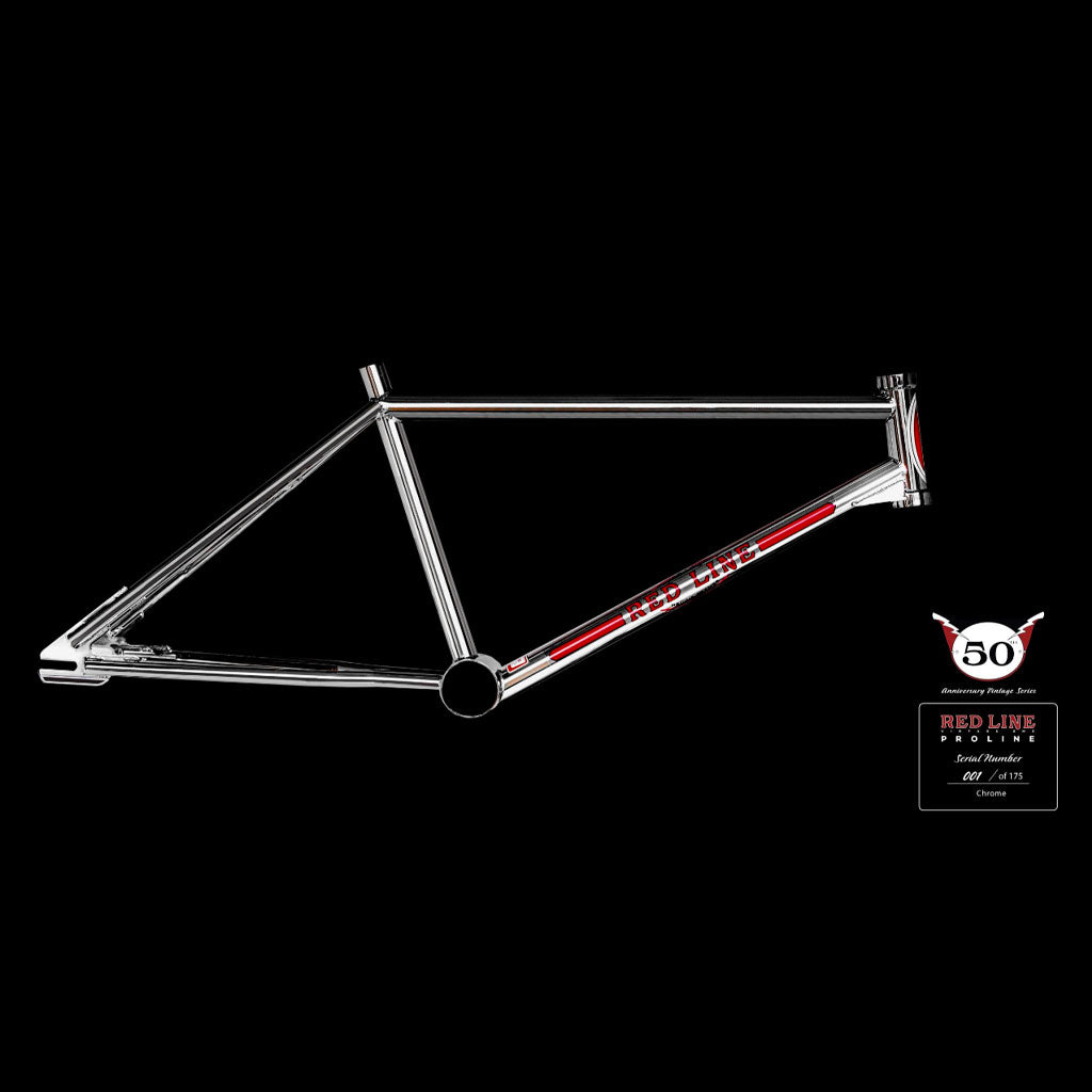 The Redline Proline Frame/Fork/Handlebar Kit, featuring a chrome bicycle frame with red and white accents and "Red Line" branding, is showcased against a black background. It is accompanied by a commemorative 50th anniversary Red Line logo plaque on the side.