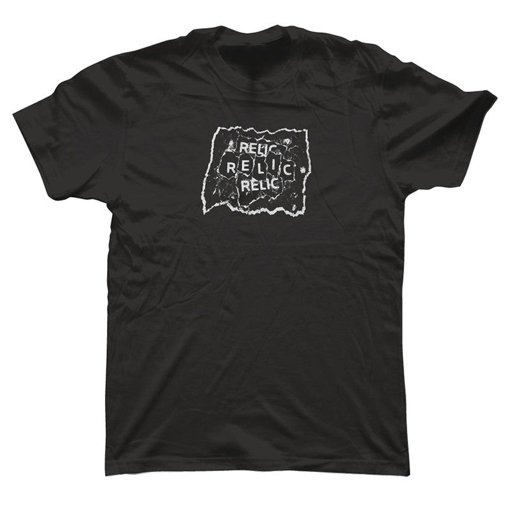 A black, pre-shrunk Relic White Riot T-Shirt (Black/White) featuring a graphic design with the word "RELIC" displayed multiple times on a distressed, torn background. Made from 100% cotton for durability and comfort.
