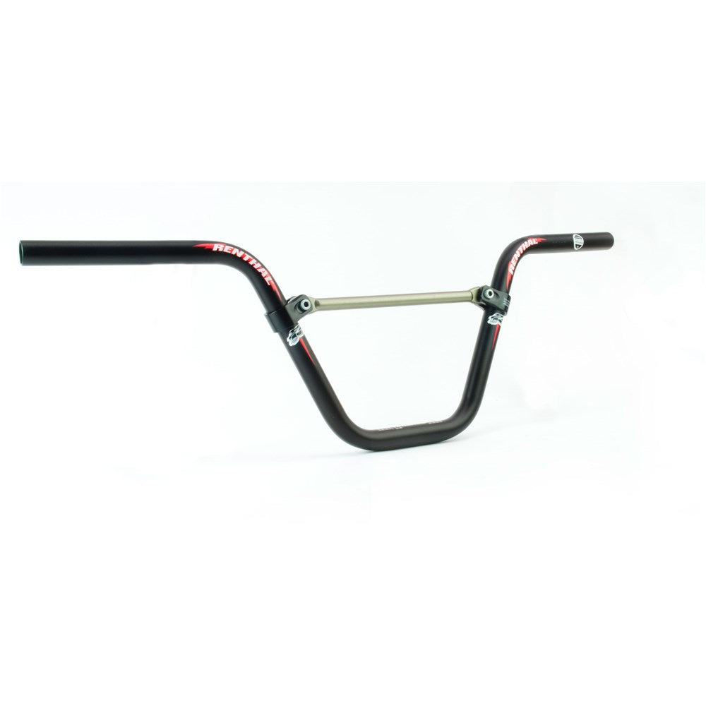 The Renthal Moto 20 Pro BMX Bars feature Renthal branding with a sleek black finish, offering lightweight strength from durable aluminum construction.