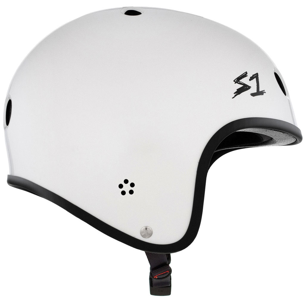 A certified S-One Helmet Retro Lifer White Gloss with the word s1 on it, designed for enhanced protection.