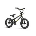 The Radio Revo 14 Inch bike is a black BMX bike with yellow accents, featuring a sturdy frame, thick tires, and a padded seat - making it an ideal first bike for young riders.