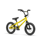A small yellow Radio Revo 14 Inch bike children's bicycle with training wheels and black handlebars, designed to be the perfect first bike for young riders.