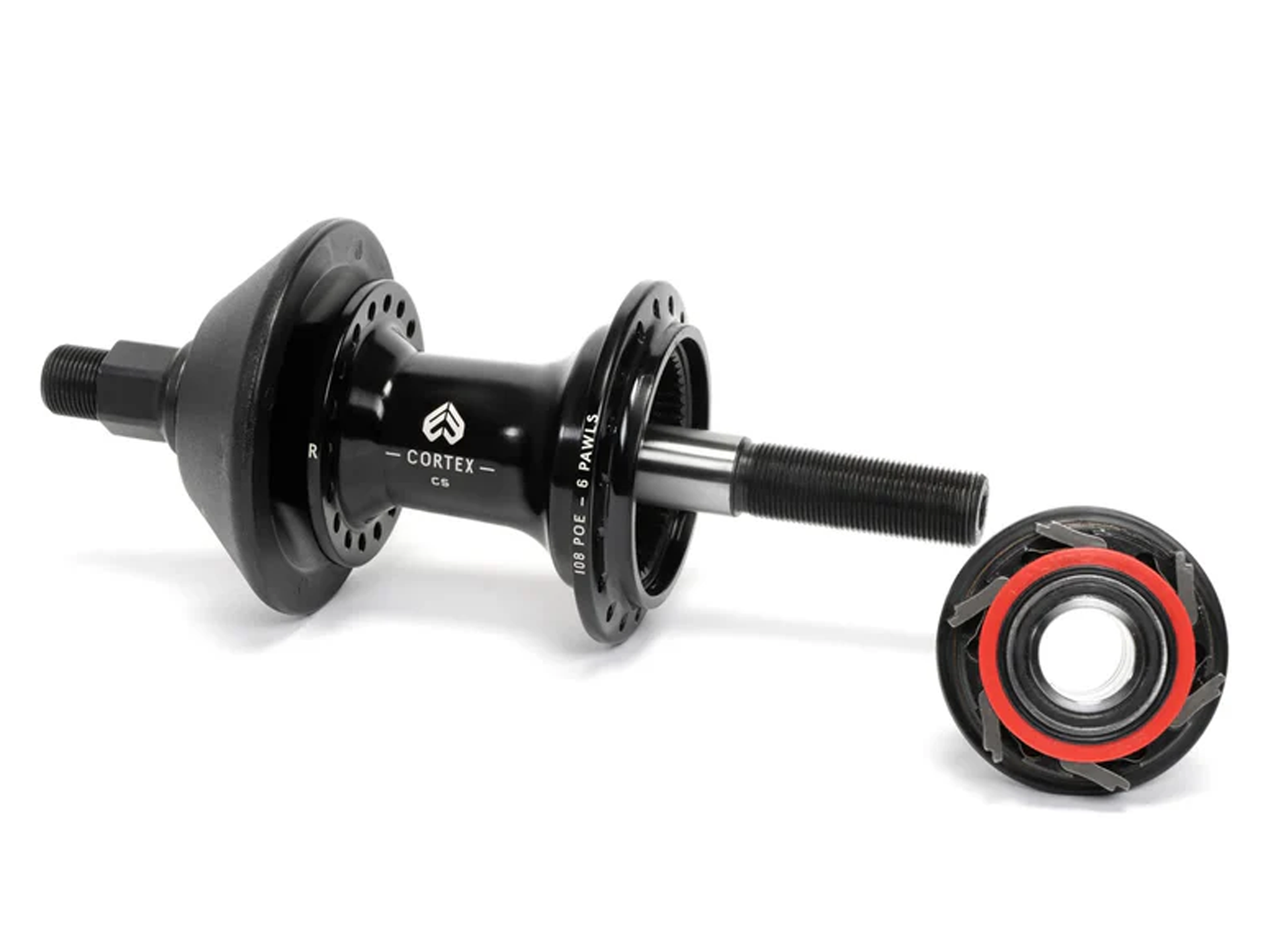 A black Eclat E440 / Cortex Evo Cassette 20 Inch Rear Wheel with visible axle and bearing parts, featuring the signature Cortex logo. The separated bearing highlights its high-quality construction, making it an excellent choice for any éclat or complete BMX wheelset setup.