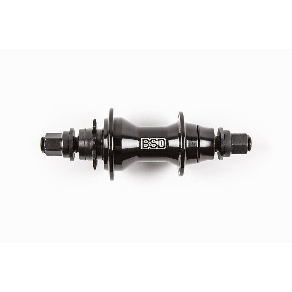 A compact sized BSD Back Street Pro Female Cassette Hub, black in color, displayed on a white background.