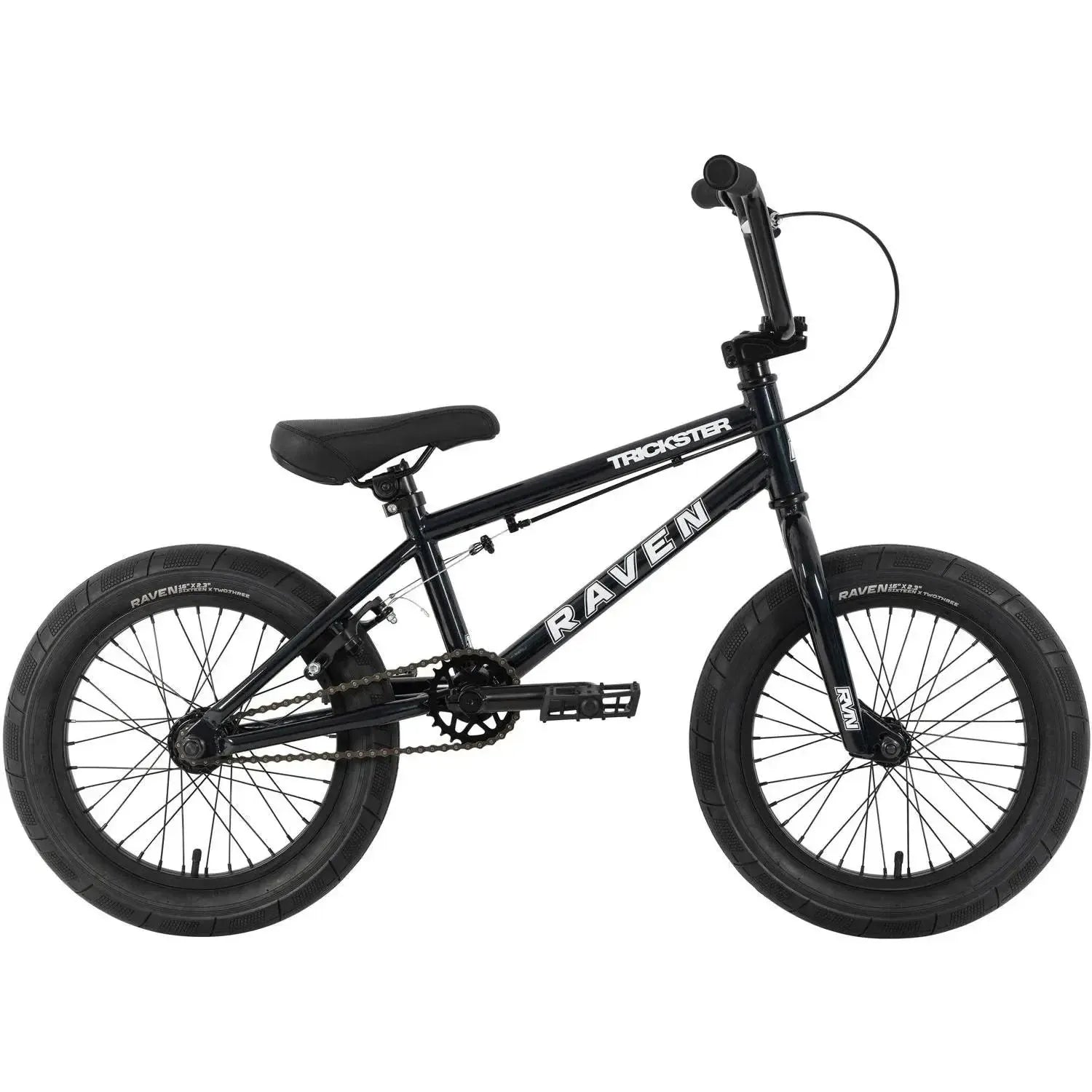 Side view of the Raven Trickster 16 Inch Bike in black, featuring "RAVEN" and "TRACKSTER" on the frame, thick tires, and a straight handlebar—ideal as a kids BMX bike.