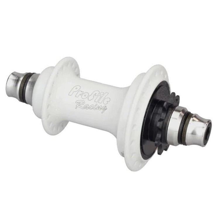 A white Profile Elite Rear Cassette Hub with a black sprocket, designed for BMX Racing.