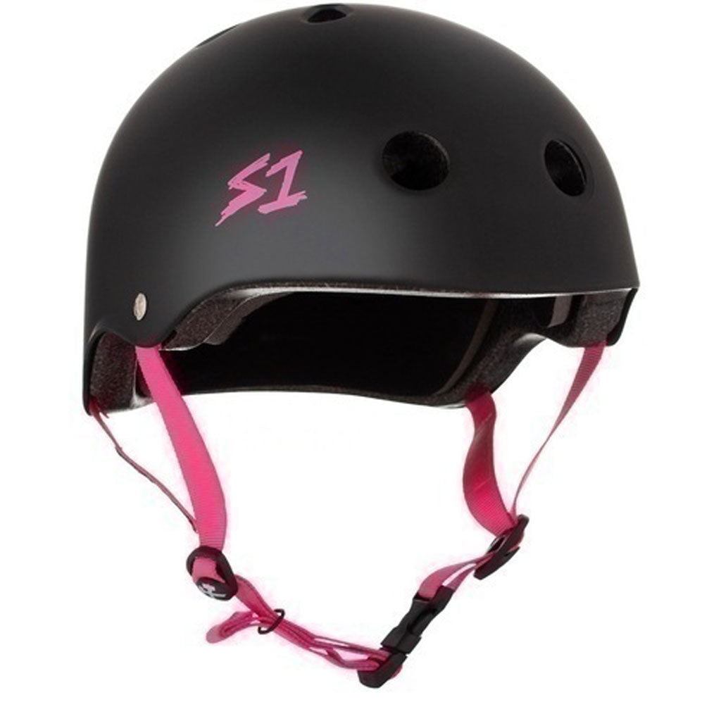 A certified S-One Helmet Lifer Black Matte/Pink Straps on a white background.