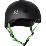 The S-One Helmet Lifer in Black Matte with Green Straps is a skate helmet featuring a logo on the side, ventilation holes on top for comfort, and offers multiple impact protection.