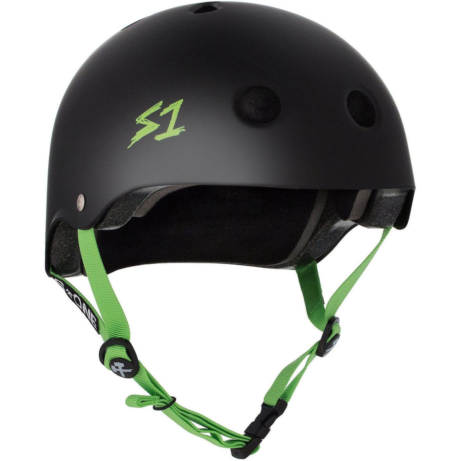 The S-One Helmet Lifer in Black Matte with Green Straps features ventilation holes and the "S1" logo on the side. This helmet provides certified high impact protection with its multiple impact protection design, ensuring safety.