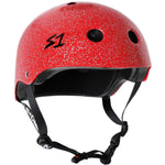 A red speckled S-One Helmet Lifer Red Glitter with a black interior, ventilation holes, and adjustable black straps. The helmet features an "S1" logo on the side and is designed to be a high-impact helmet for ultimate protection.