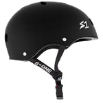 A **S-One Helmet Mega Lifer Black Matte** branded skate helmet features multiple ventilation holes, an adjustable chin strap, and high-impact protection.