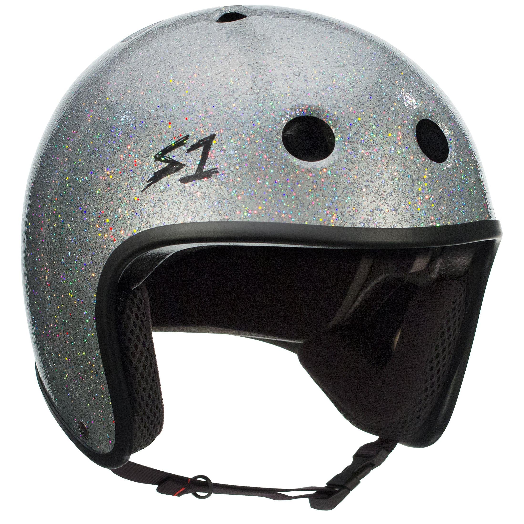 A silver multi-impact helmet with a glittery finish, featuring ventilation holes, soft interior padding, and an adjustable chin strap. The S-One Helmet Retro Lifer Silver Gloss Glitter boasts high-impact protection and a stylish "S1" logo on the side.