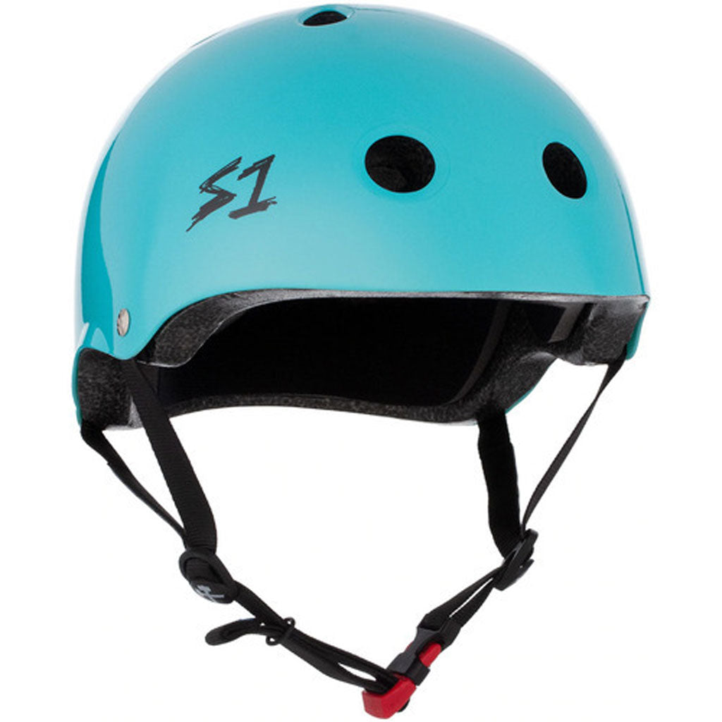 A blue multi-impact S-One Helmet Mini Lifer Lagoon Gloss with the word "S1" on it.