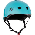A blue multi-impact S-One Helmet Mini Lifer Lagoon Gloss with the word "S1" on it.