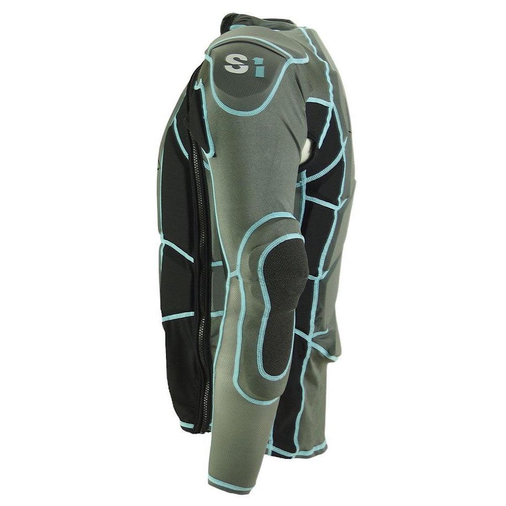 The S1 Elite Hi Impact Race Safety Jacket V2 Adult is a gray and black padded sports jacket with light blue seams, viewed from the side, featuring protective padding on the elbows and shoulders—ideal for style and race safety.