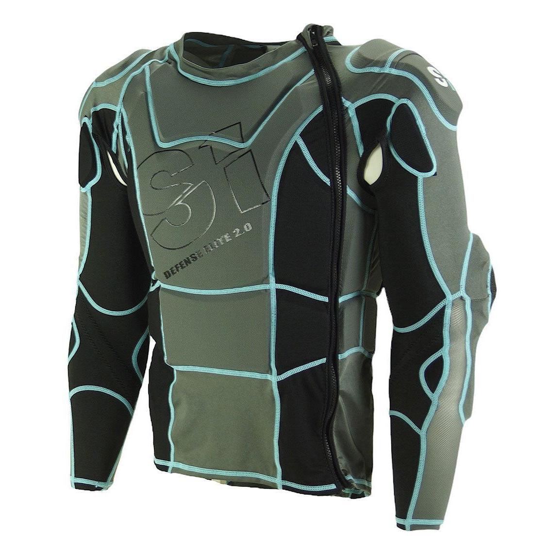 The S1 Elite Hi Impact Race Safety Jacket V2 Adult sports a green and black geometric design with blue trim and a front zipper, perfectly blending style with the high-impact protection typical of Race Safety Jackets.