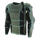 The S1 Elite Hi Impact Race Safety Jacket V2 Adult sports a green and black geometric design with blue trim and a front zipper, perfectly blending style with the high-impact protection typical of Race Safety Jackets.