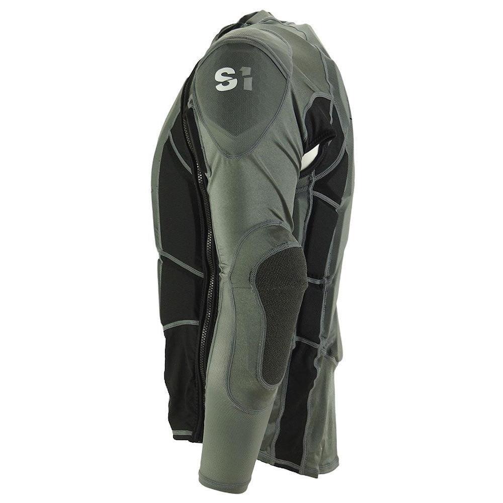 Side view of the green S1 Epic Hi Impact Kimmann Race Safety Jacket V2 Adult, featuring padding, a zipper, and black accents for protective wear.
